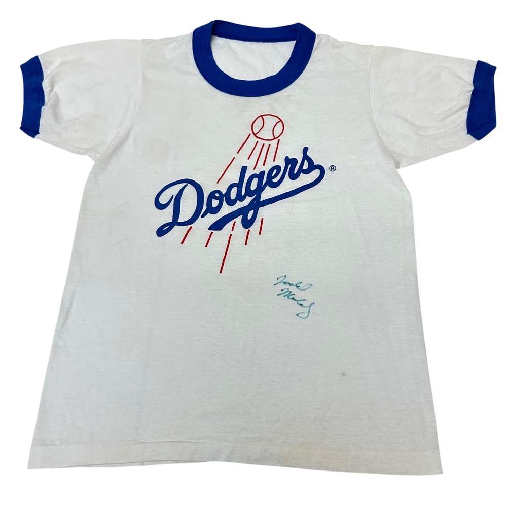 Vintage Los Angeles Dodgers Ringer Tee Mike Marshall Signed 80s Kids White Blue